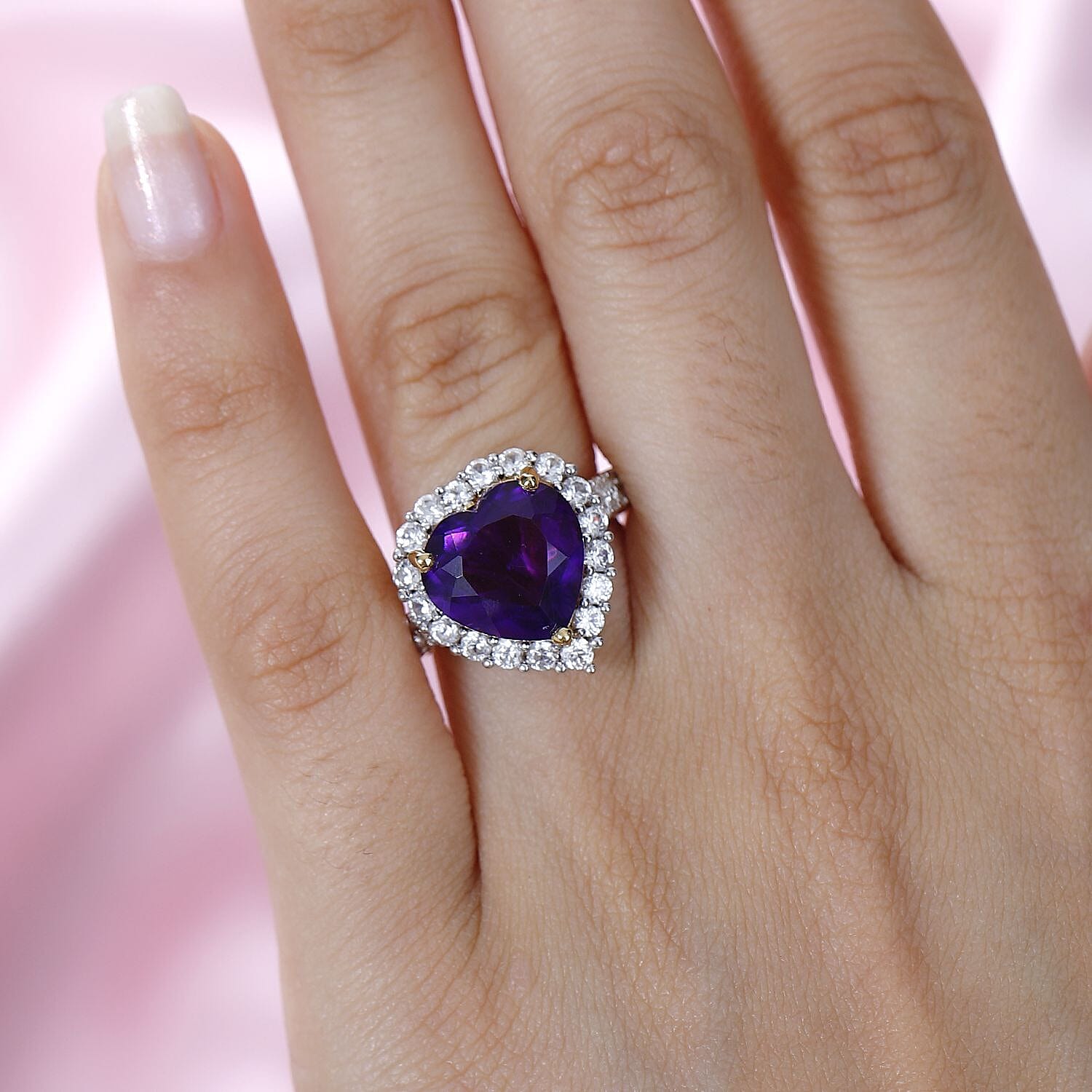 Amethyst & Natural Zircon Heart Ring in 18K Vermeil YG Plated Sterling Silver 7.00 Ct