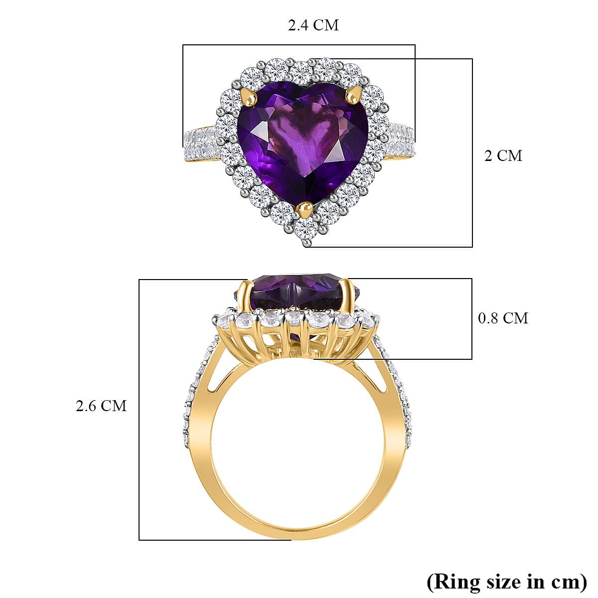 Amethyst & Natural Zircon Heart Ring in 18K Vermeil YG Plated Sterling Silver 7.00 Ct