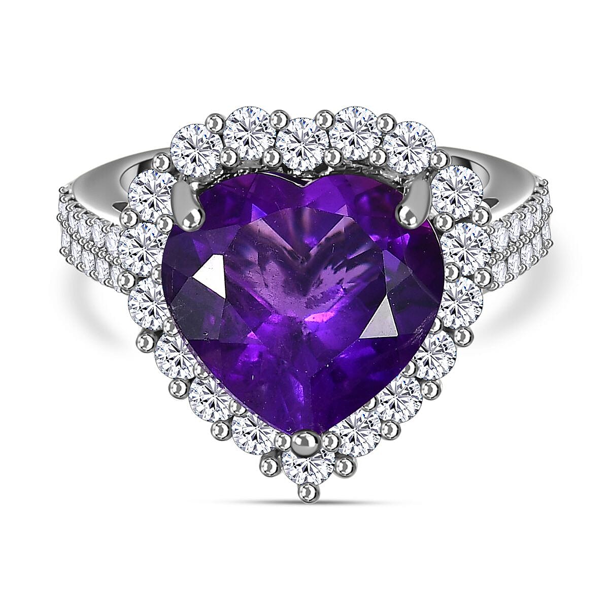 Amethyst & Natural Zircon Heart Ring in Platinum Overlay Sterling Silver 7.00 Ct