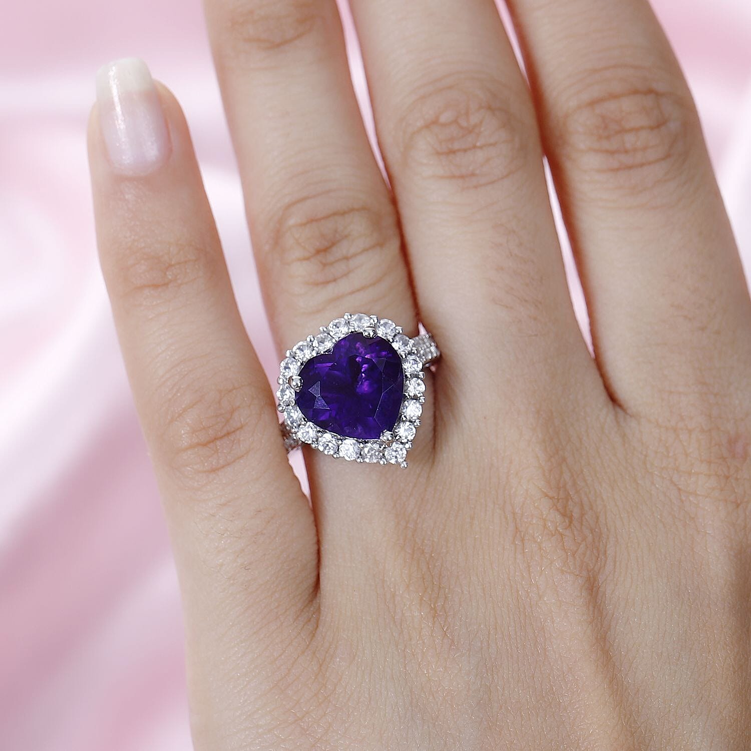 Amethyst & Natural Zircon Heart Ring in Platinum Overlay Sterling Silver 7.00 Ct