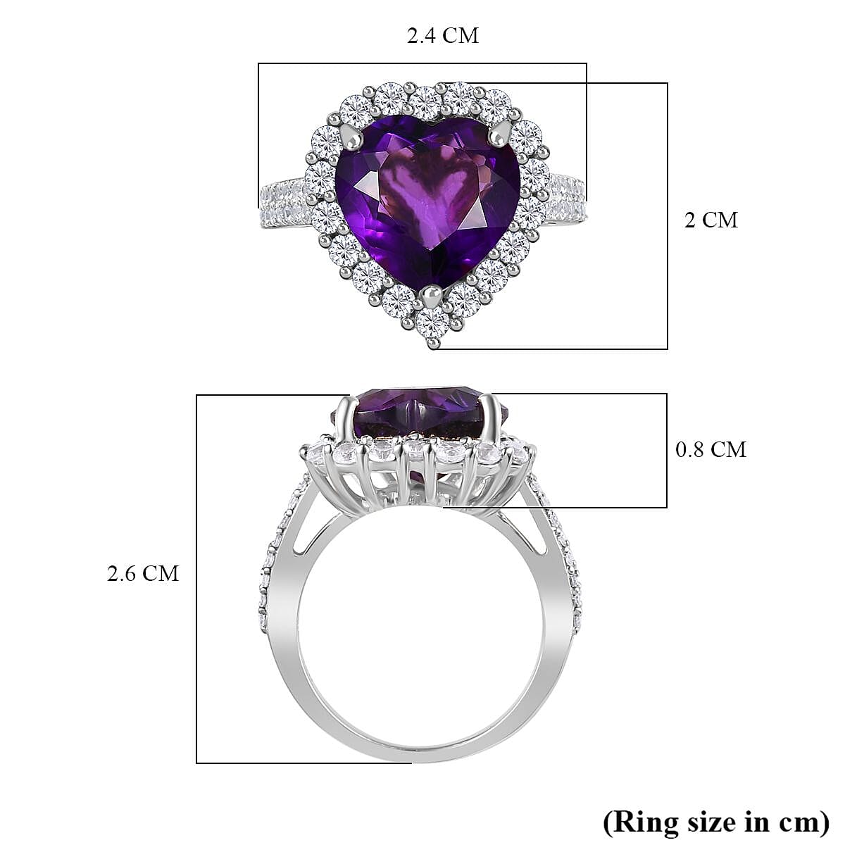 Amethyst & Natural Zircon Heart Ring in Platinum Overlay Sterling Silver 7.00 Ct