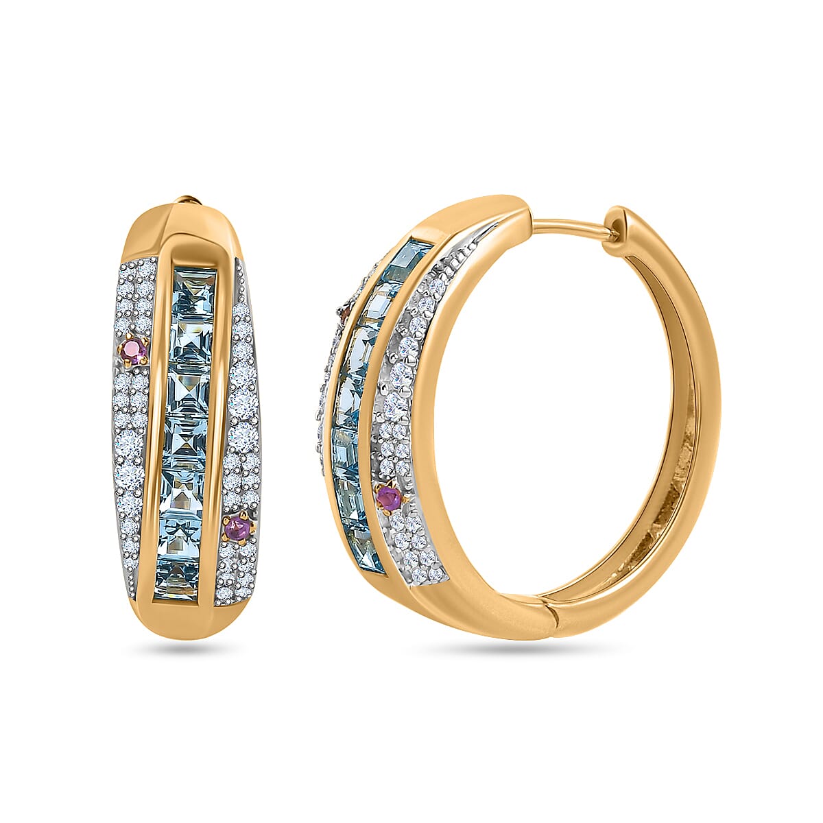 GP Celestial Collection - Swiss Blue Topaz and Multi Gemstone Hoop Earrings in 18K Yellow Gold Vermeil Plated Sterling Silver 3.56 Ct,