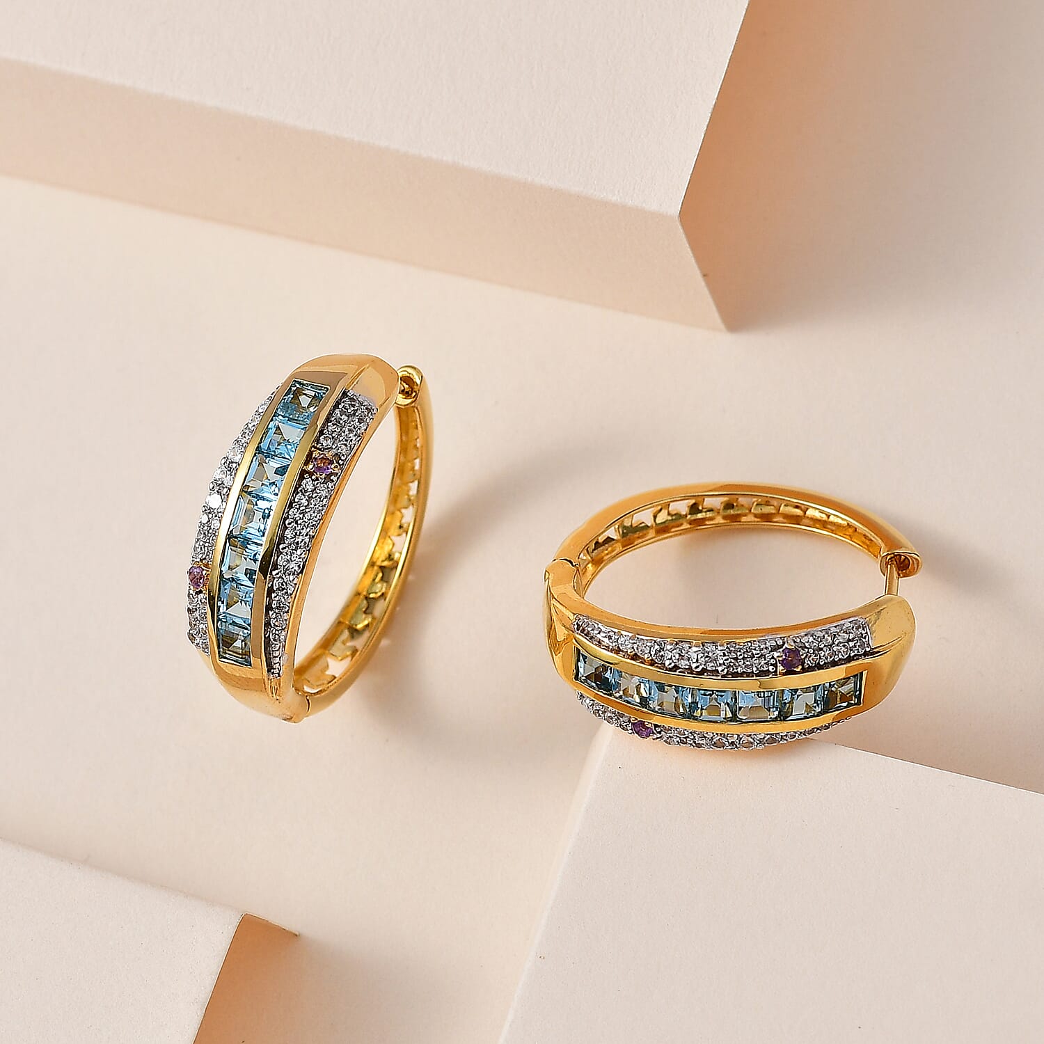 GP Celestial Collection - Swiss Blue Topaz and Multi Gemstone Hoop Earrings in 18K Yellow Gold Vermeil Plated Sterling Silver 3.56 Ct,
