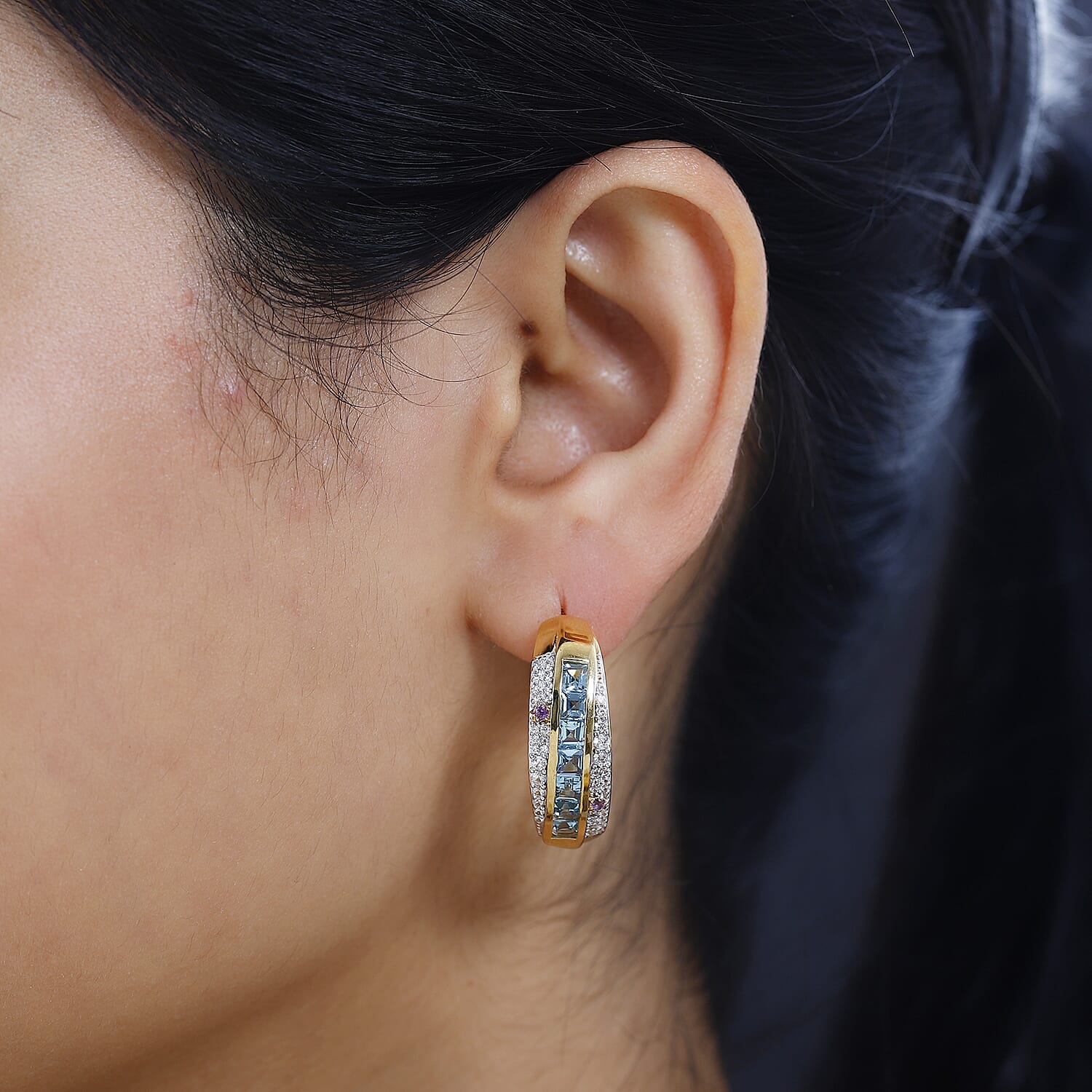 GP Celestial Collection - Swiss Blue Topaz and Multi Gemstone Hoop Earrings in 18K Yellow Gold Vermeil Plated Sterling Silver 3.56 Ct,