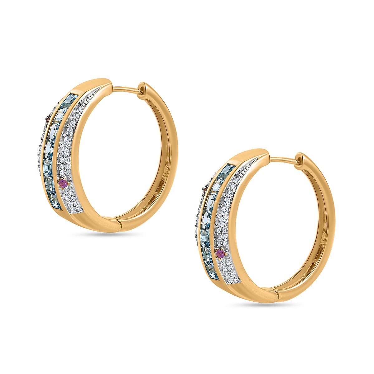 GP Celestial Collection - Swiss Blue Topaz and Multi Gemstone Hoop Earrings in 18K Yellow Gold Vermeil Plated Sterling Silver 3.56 Ct,