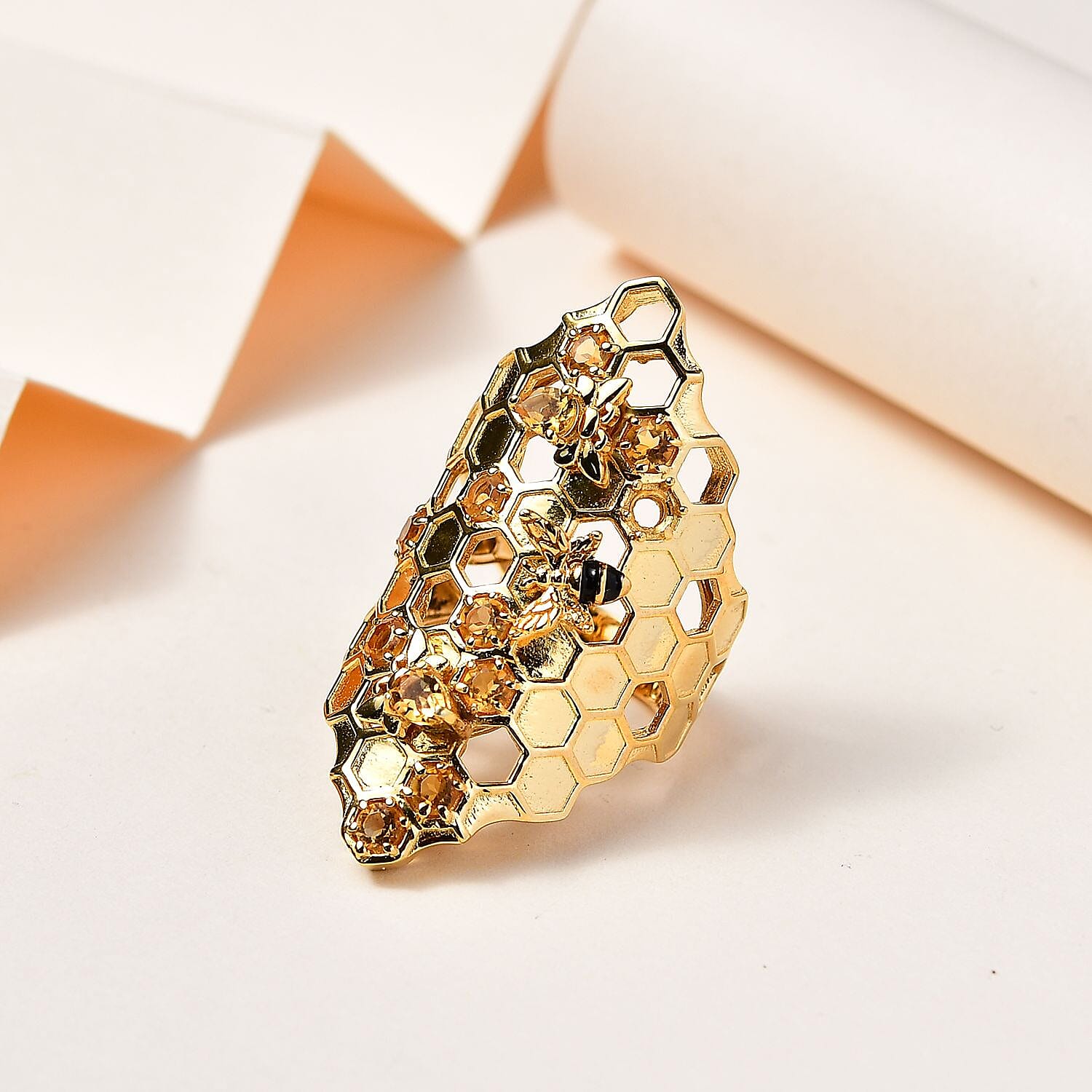 GP HoneyComb Collection - Citrine Ring in 18K YG Vermeil Plated Sterling Silver 1.33 Ct, Silver Wt 11.00 GM
