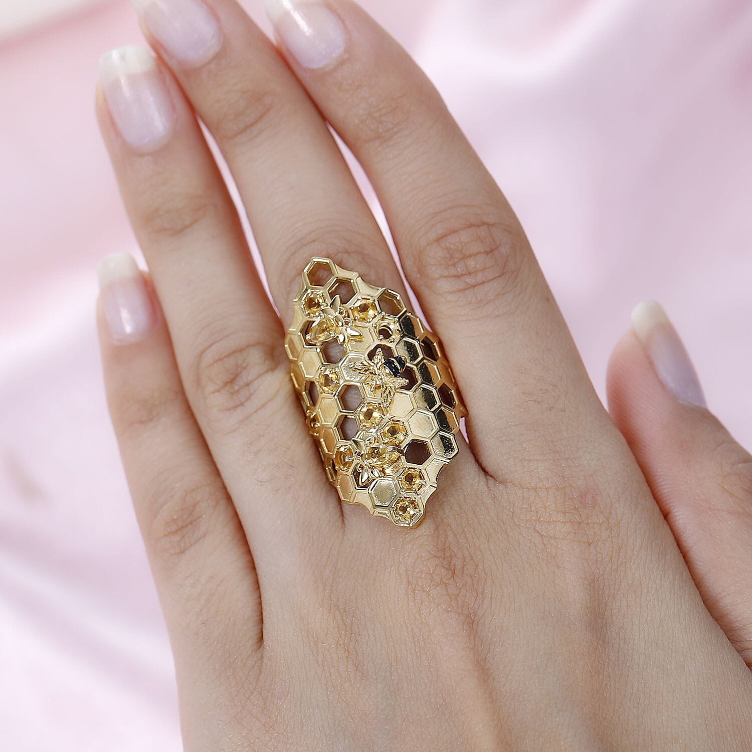 GP HoneyComb Collection - Citrine Ring in 18K YG Vermeil Plated Sterling Silver 1.33 Ct, Silver Wt 11.00 GM