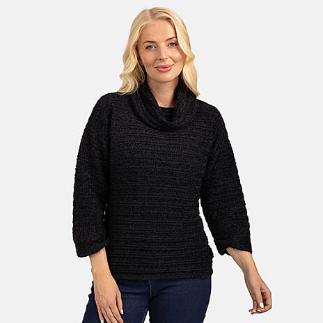 Mudflower Chenille Eyelash 3-4 Sleeve Cowl Neck Knitted Jumper (Size S-10) - Black