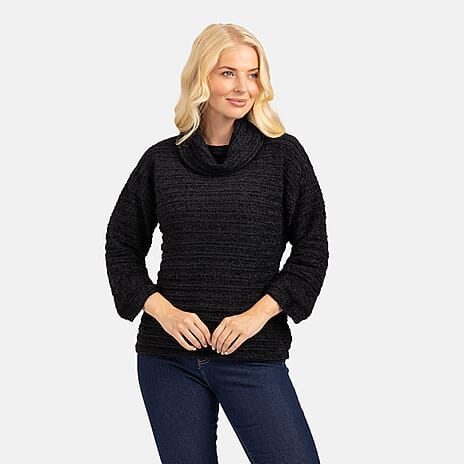 Mudflower Chenille Eyelash 3-4 Sleeve Cowl Neck Knitted Jumper (Size S-10) - Black