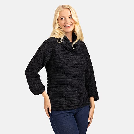 Mudflower Chenille Eyelash 3-4 Sleeve Cowl Neck Knitted Jumper (Size S-10) - Black