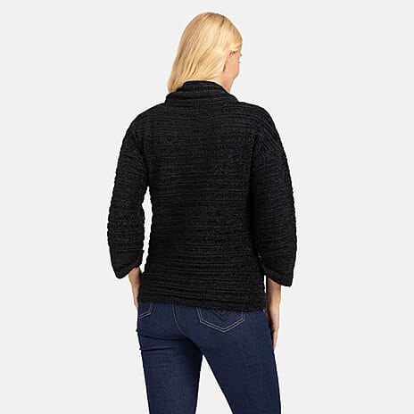Mudflower Chenille Eyelash 3-4 Sleeve Cowl Neck Knitted Jumper (Size S-10) - Black