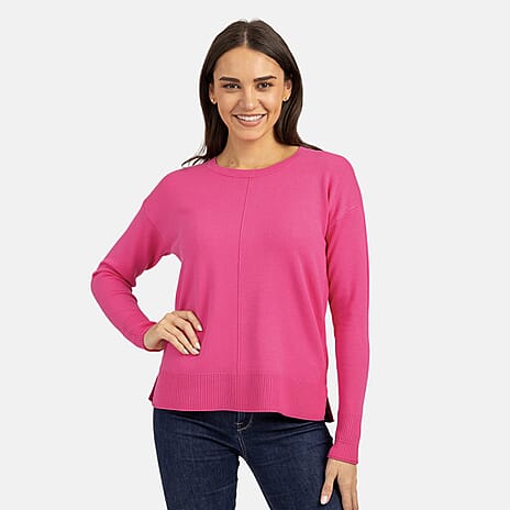 Mudflower Split Hem Crew Neck Knitted Jumper (Size 10) - Fuchsia Red