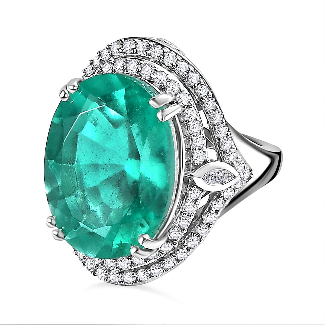 Emeraldine Triplet Quartz, White Zircon Double Halo Ring in Platinum Overlay Sterling Silver