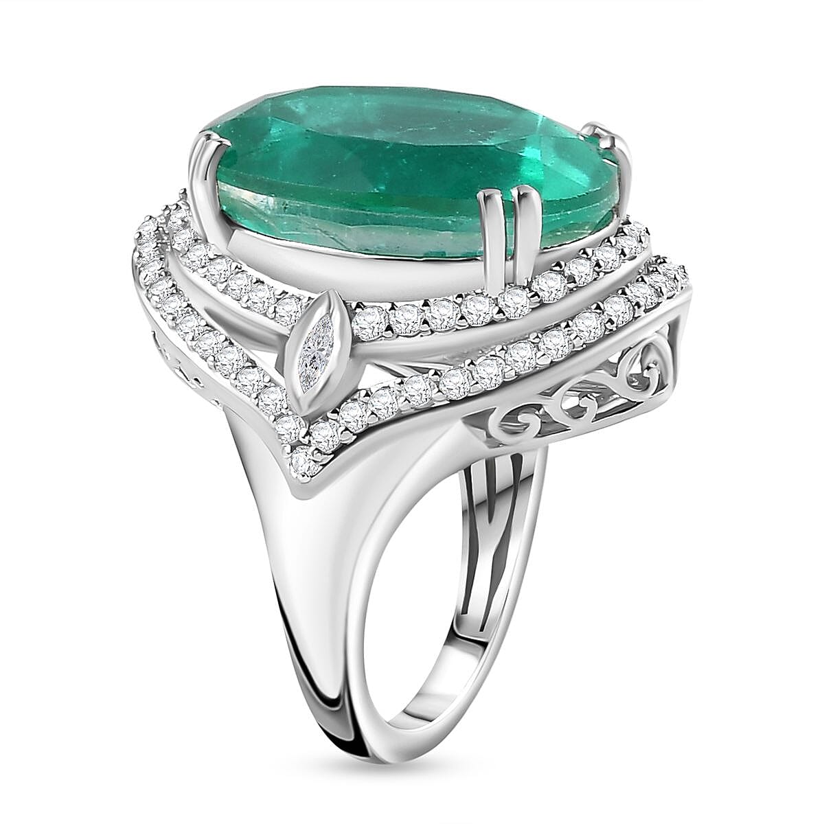 Emeraldine Triplet Quartz & Natural Zircon Ring in Platinum Overlay Sterling Silver 23.58 Ct, Silver Wt. 8.21 Gms