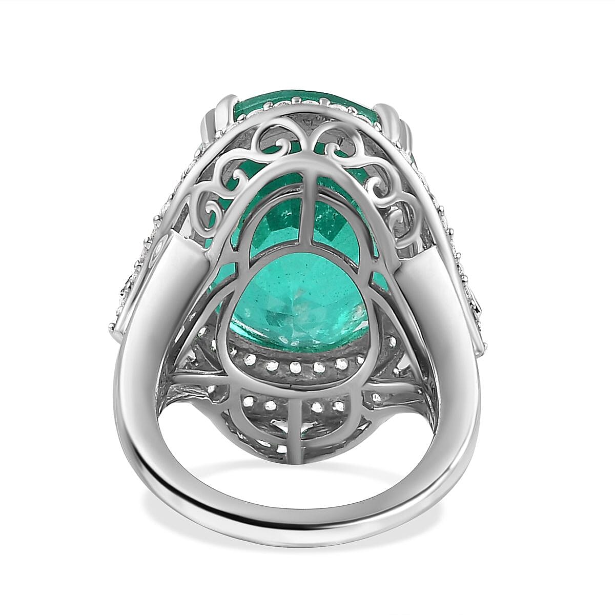 Emeraldine Triplet Quartz & Natural Zircon Ring in Platinum Overlay Sterling Silver 23.58 Ct, Silver Wt. 8.21 Gms