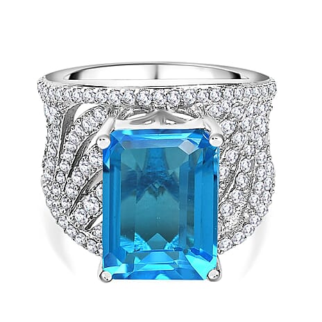 Carribean Quartz & Natural Zircon Ring in Platinum Overlay Sterling Silver 9.81 Ct, Silver Wt. 7.53 Gms