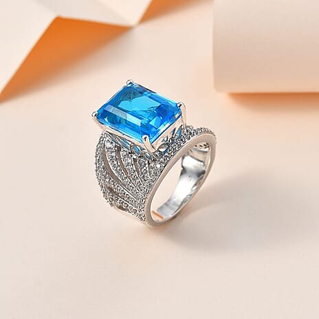 Carribean Quartz & Natural Zircon Ring in Platinum Overlay Sterling Silver 9.81 Ct, Silver Wt. 7.73 Gms