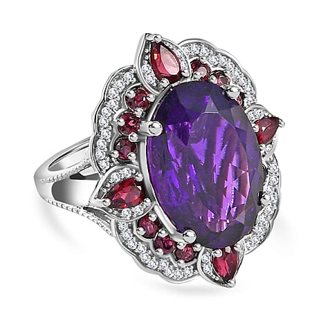 Amethyst, Rhodolite Garnet & Natural Zircon Ring in Platinum Overlay Sterling Silver 14.46 Ct.