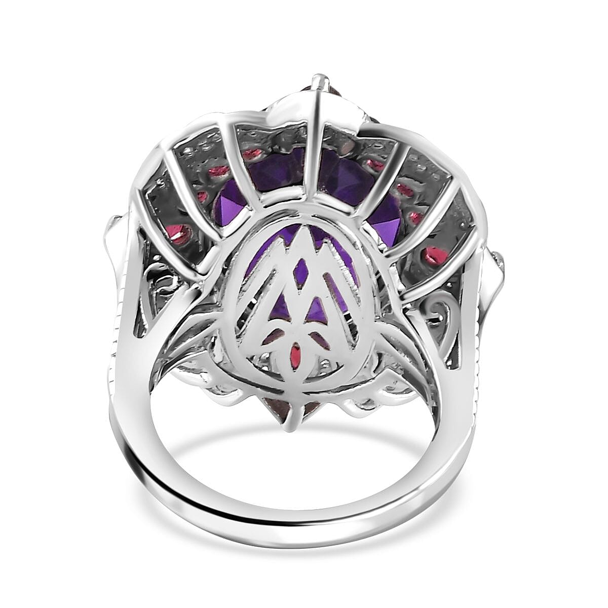 Amethyst, Rhodolite Garnet & Natural Zircon Ring in Platinum Overlay Sterling Silver 14.46 Ct. Amethyst, Rhodolite Garnet & Natural Zircon Ring in Platinum Overlay Sterling Silver 14.46 Ct.