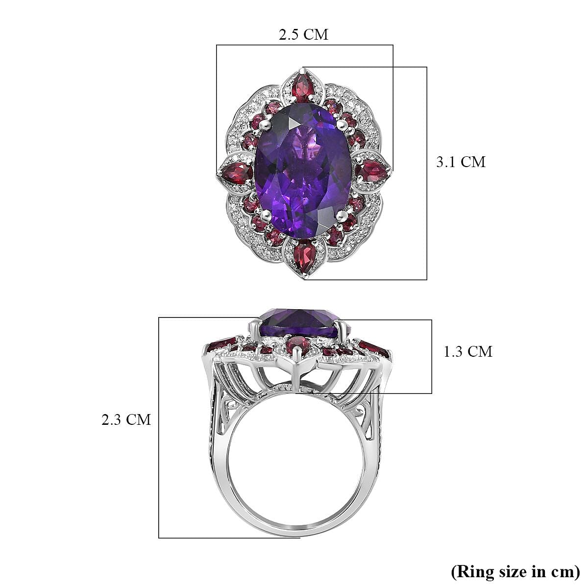 Amethyst, Rhodolite Garnet & Natural Zircon Ring in Platinum Overlay Sterling Silver 14.46 Ct. Amethyst, Rhodolite Garnet & Natural Zircon Ring in Platinum Overlay Sterling Silver 14.46 Ct.
