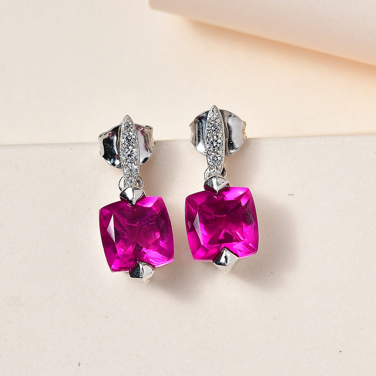 Magenta Rose Color Triplet Quartz & Natural Zircon Stud Earrings in Platinum Overlay Sterling Silver 5.52 Ct