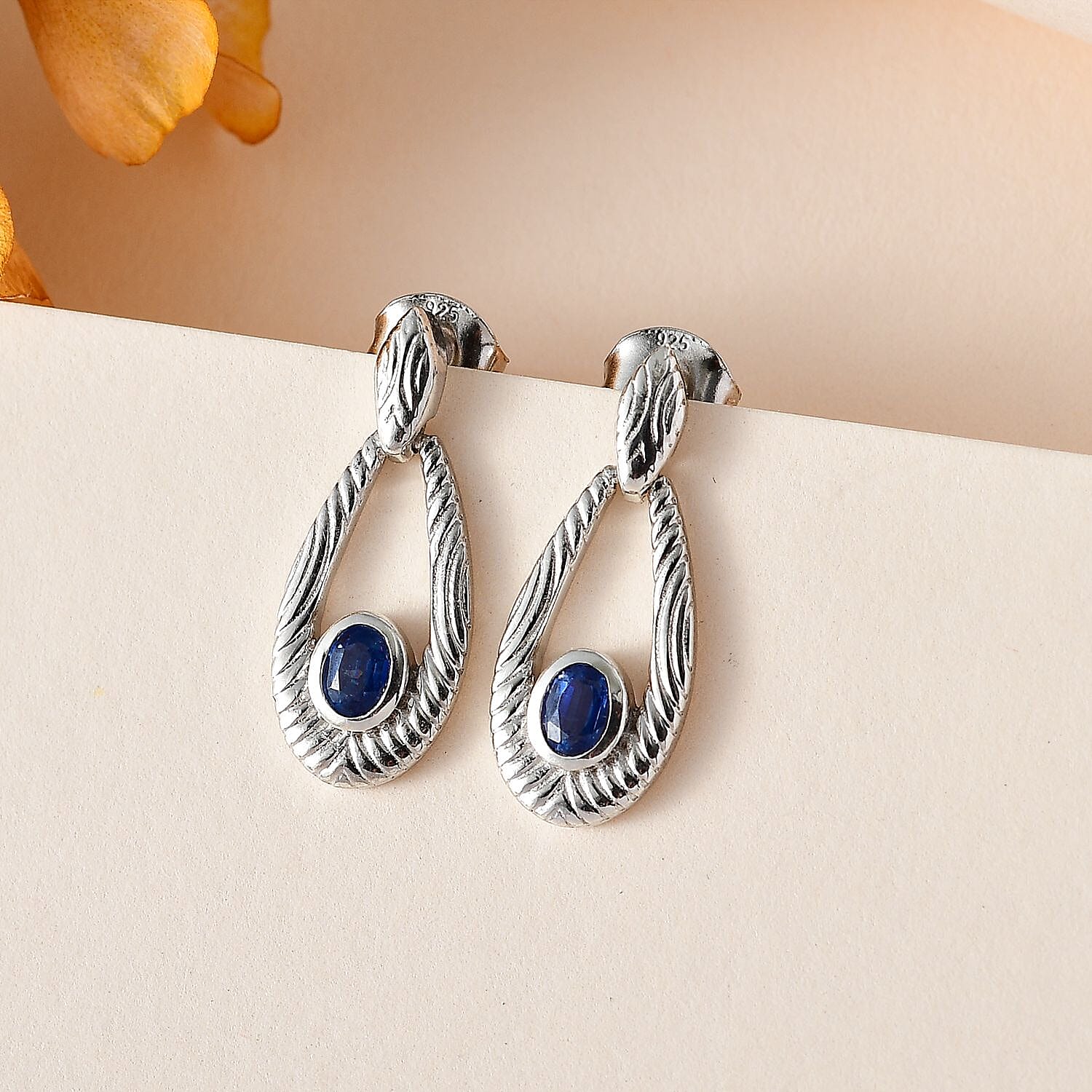 Natural Himalayan Kyanite Dangle Solitaire Earrings in Platinum Overlay Sterling Silver