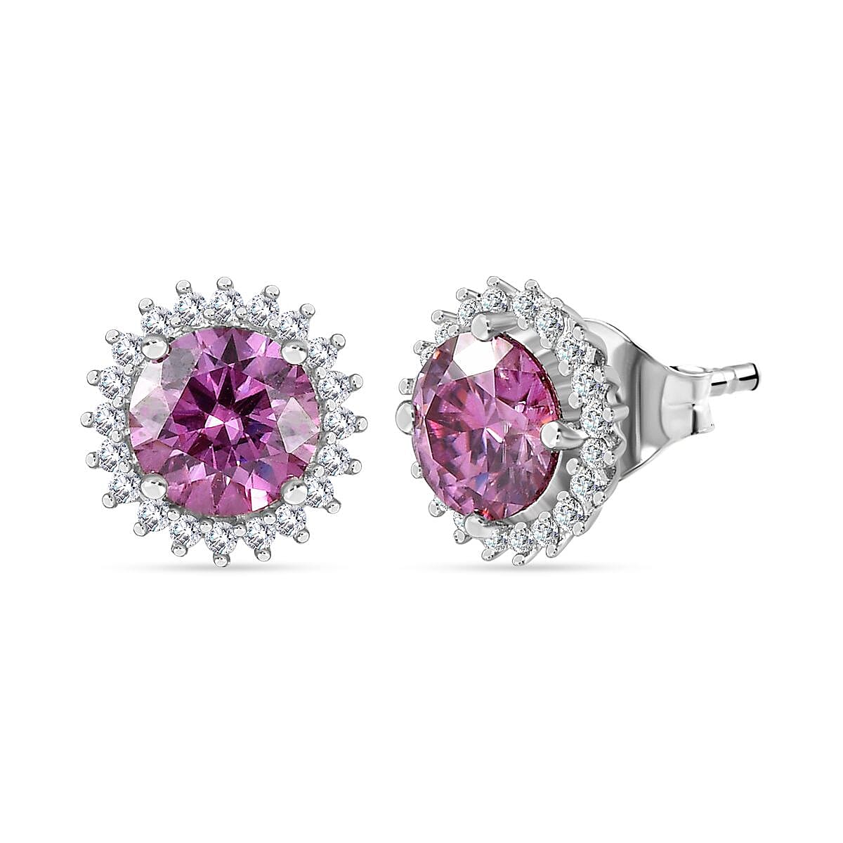 Pink & White Moissanite Stud Earrings in Platinum Overlay Sterling Silver 2.30 Ct.