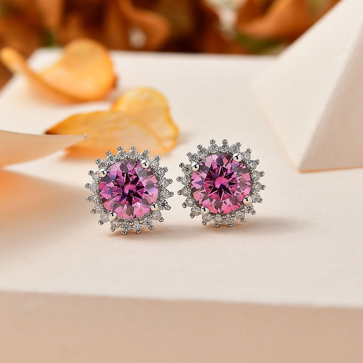 Pink & White Moissanite Stud Earrings in Platinum Overlay Sterling Silver 2.30 Ct.