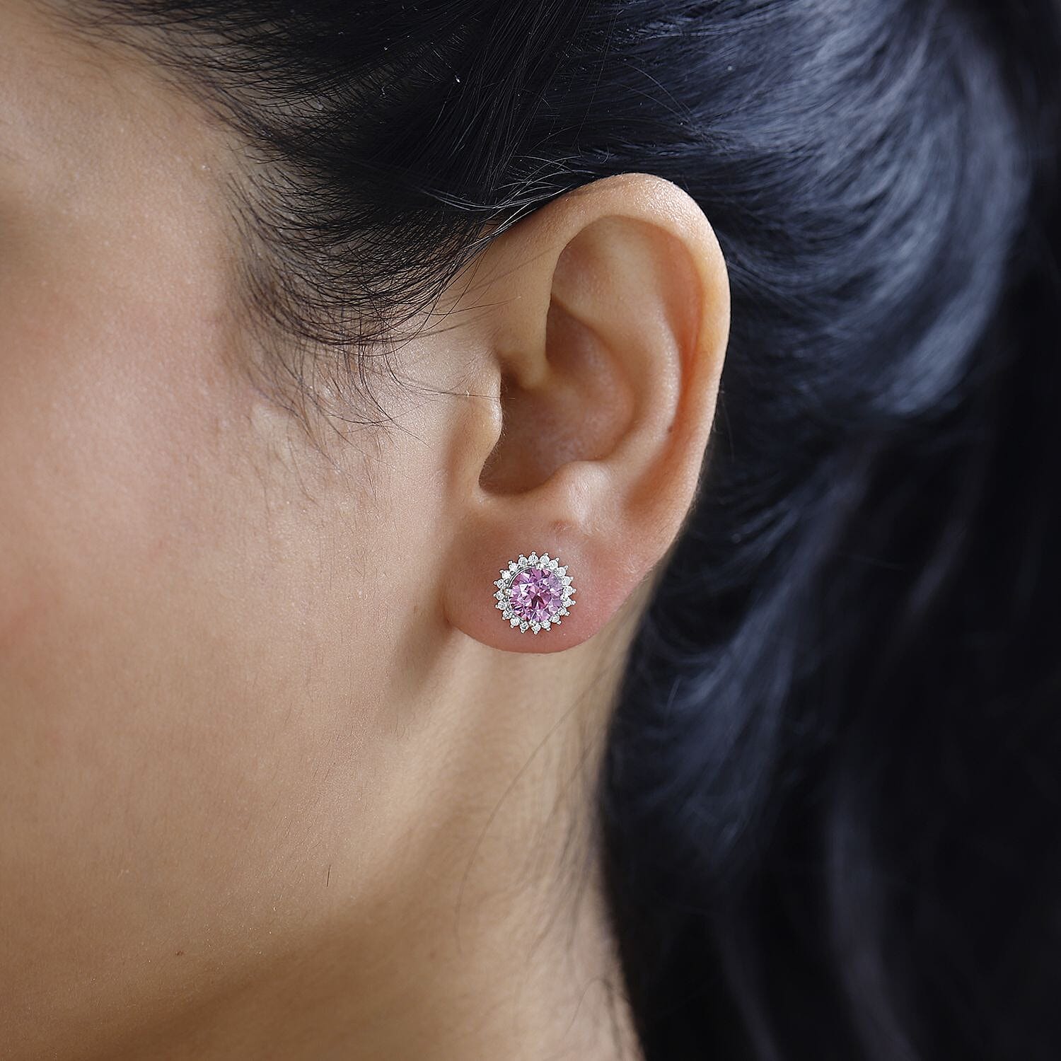 Pink & White Moissanite Stud Earrings in Platinum Overlay Sterling Silver 2.30 Ct.