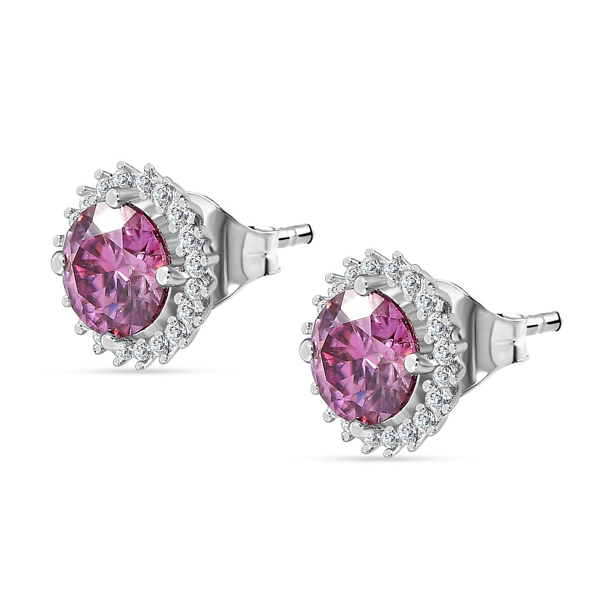 Pink & White Moissanite Stud Earrings in Platinum Overlay Sterling Silver 2.30 Ct.