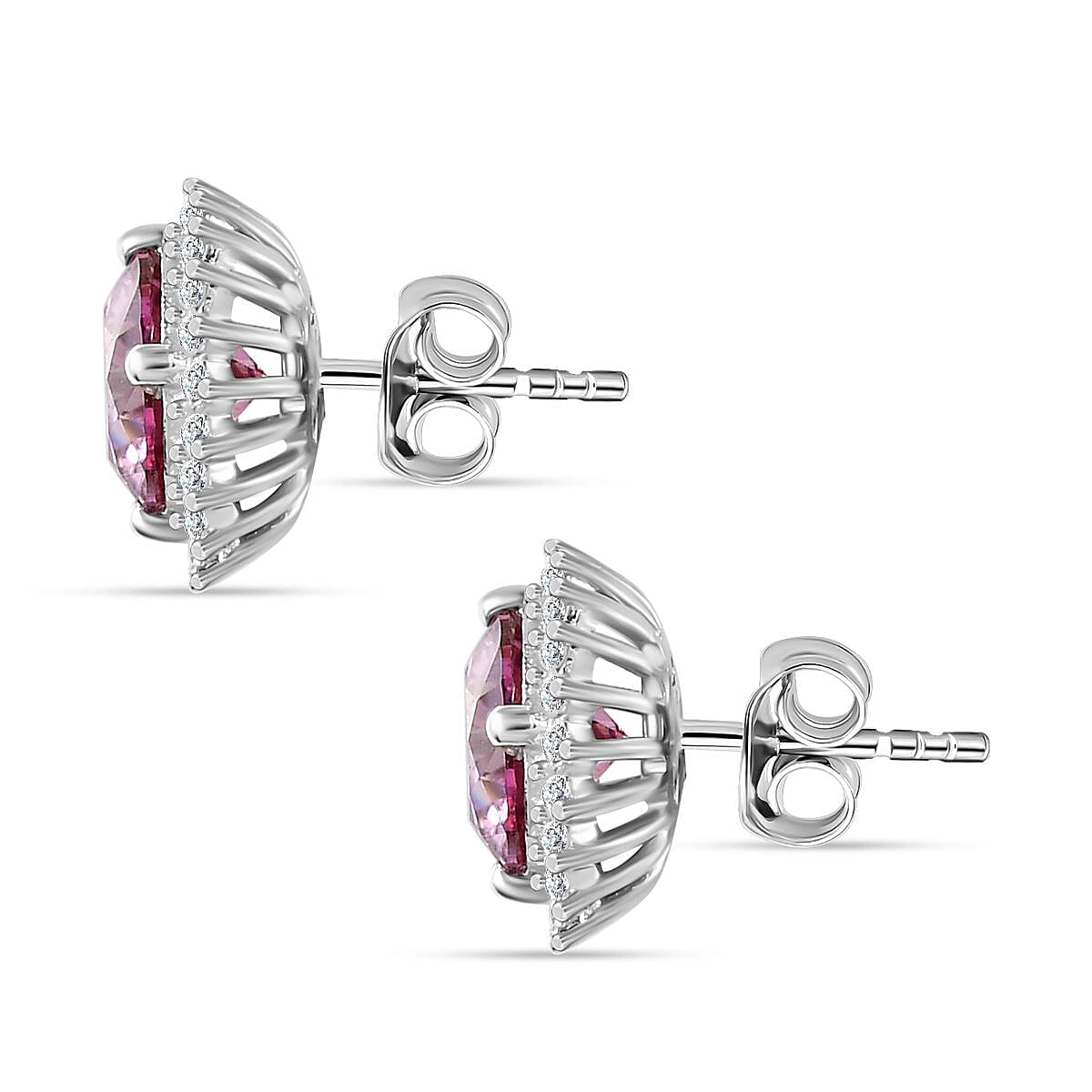 Pink & White Moissanite Stud Earrings in Platinum Overlay Sterling Silver 2.30 Ct.