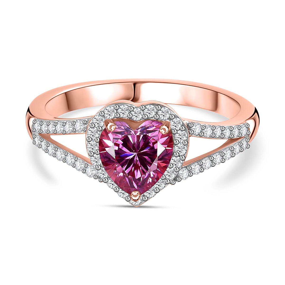 Pink & White Moissanite Heart Ring in 18K Rose Gold Vermeil Plated Sterling Silver 1.30 Ct.