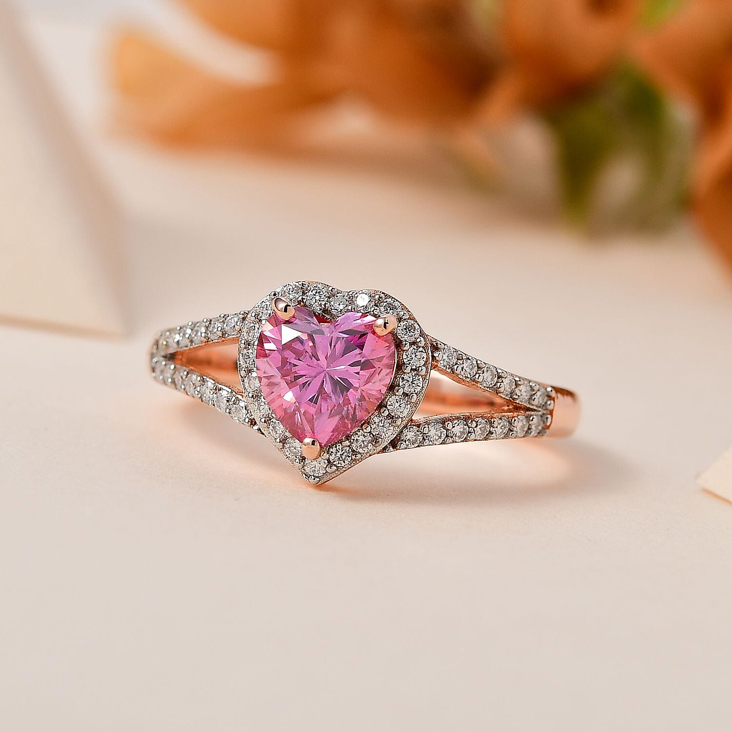 Pink & White Moissanite Heart Ring in 18K Rose Gold Vermeil Plated Sterling Silver 1.30 Ct.