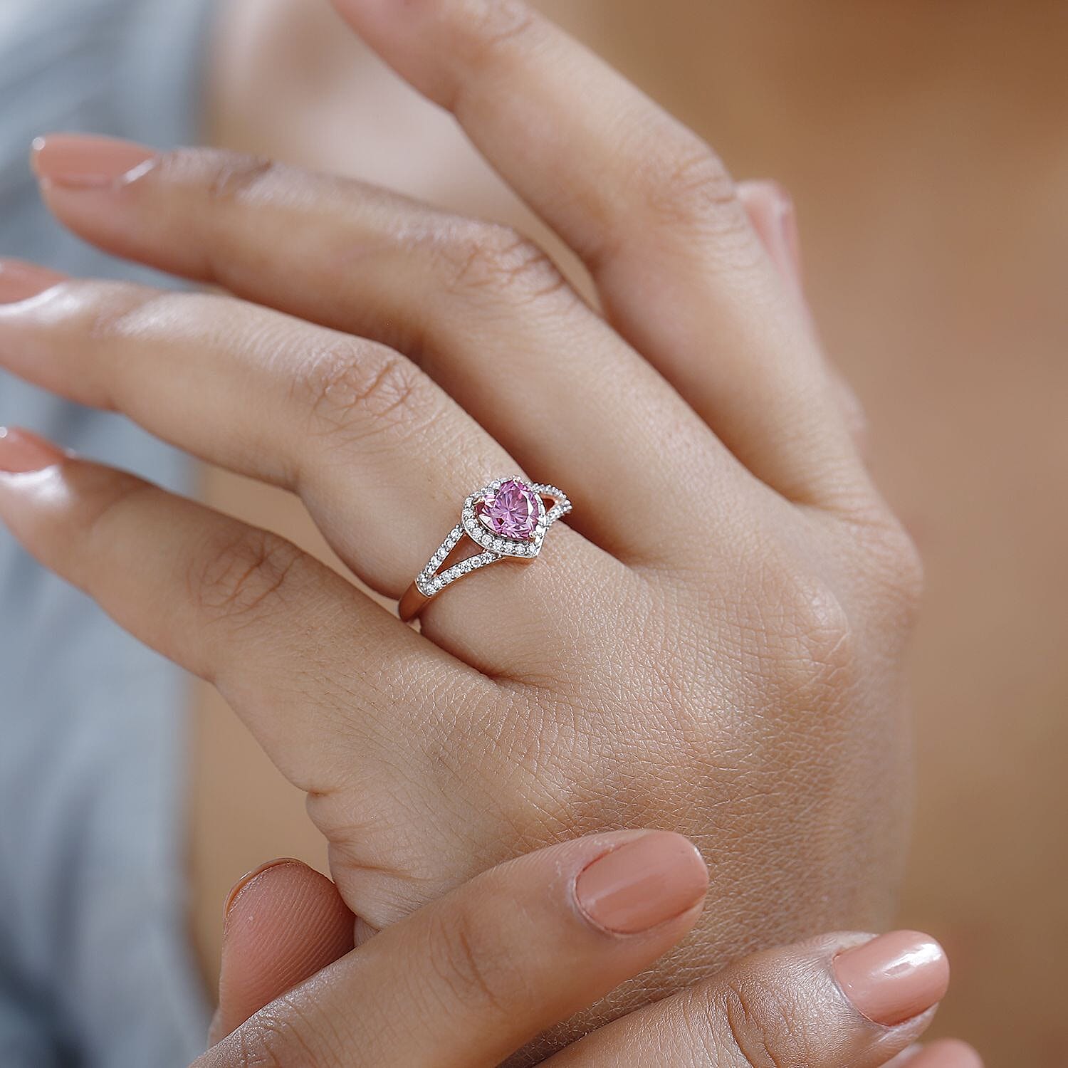 Pink & White Moissanite Heart Ring in 18K Rose Gold Vermeil Plated Sterling Silver 1.30 Ct.
