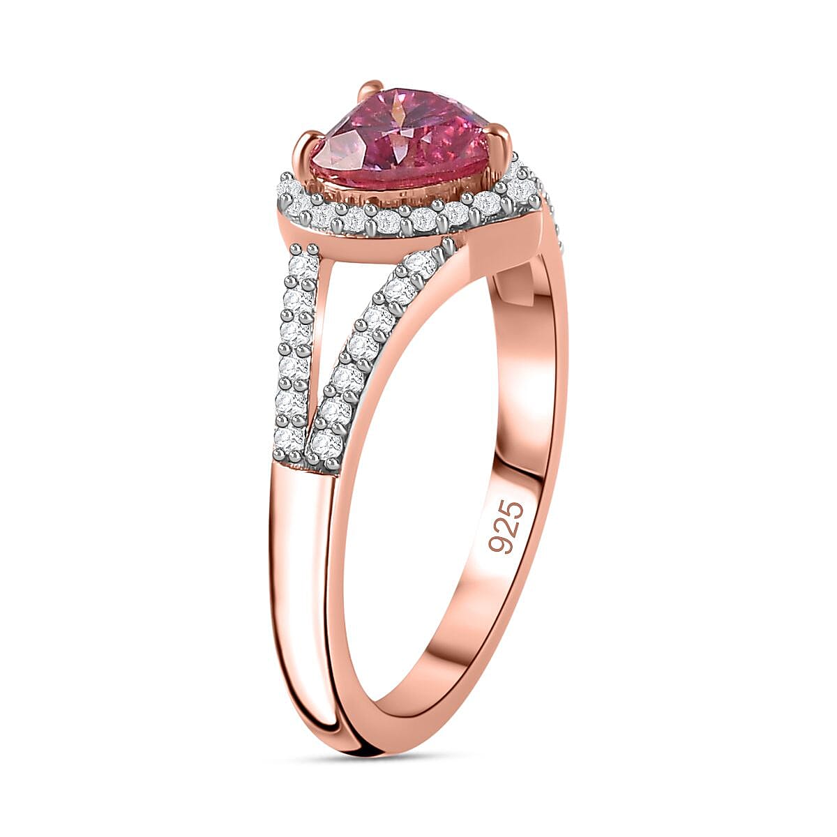 Pink & White Moissanite Heart Ring in 18K Rose Gold Vermeil Plated Sterling Silver 1.30 Ct.