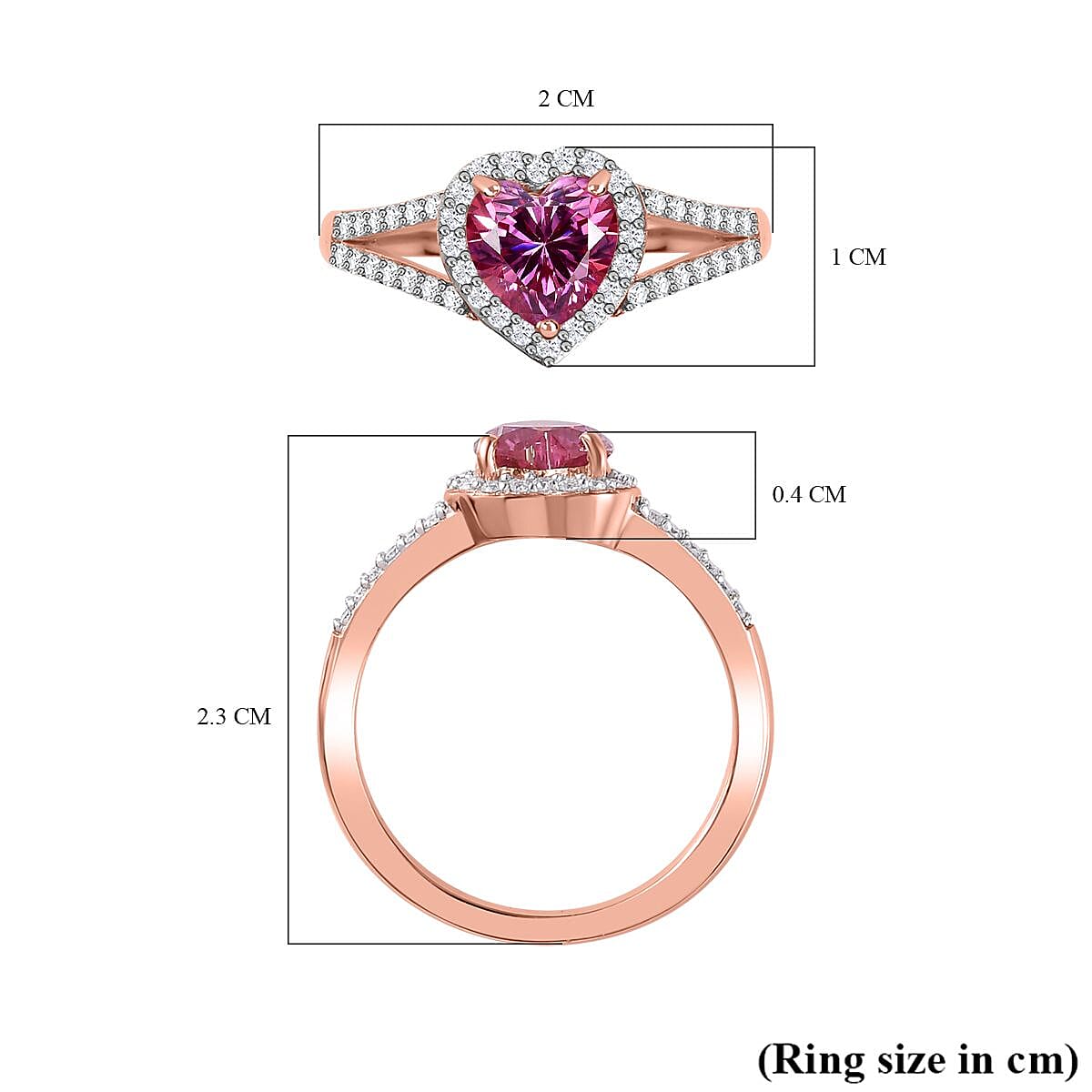 Pink & White Moissanite Heart Ring in 18K Rose Gold Vermeil Plated Sterling Silver 1.30 Ct.