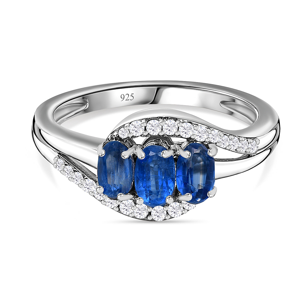 Natural Himalayan Kyanite & Natural Zircon Bypass Ring in Platinum Overlay Sterling Silver 1.20 Ct.