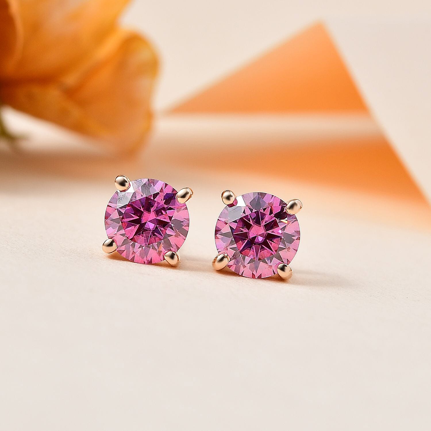 9K Rose Gold Pink Moissanite Stud Solitaire Earrings 2.00 Ct.