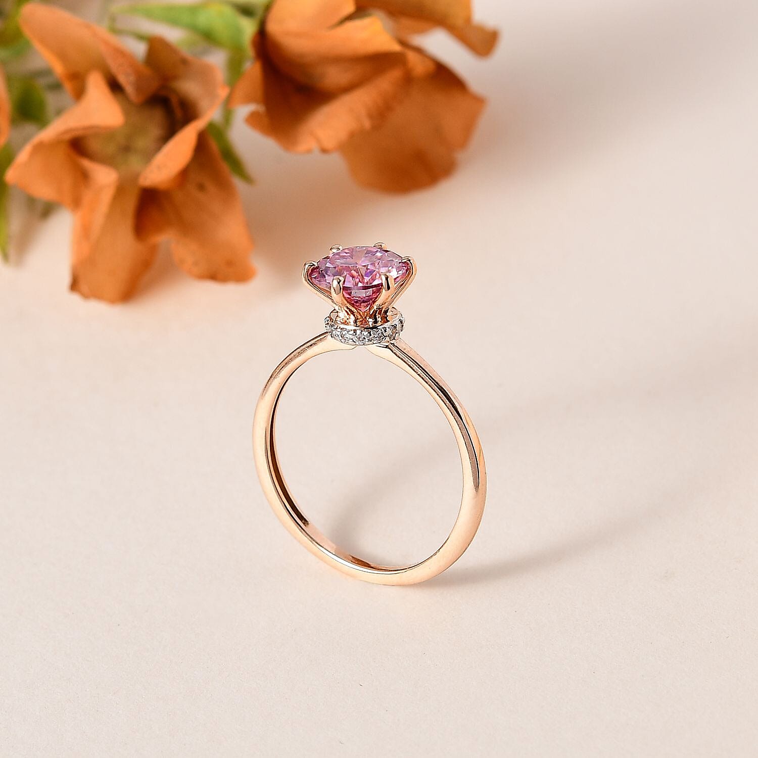 9K Rose Gold Pink Moissanite & Moissanite Ring 1.33 Ct