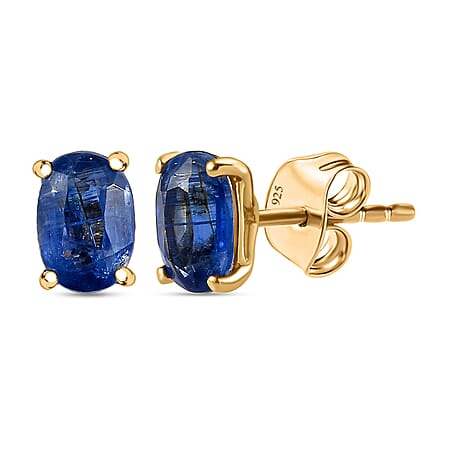 Natural Himalayan Kyanite Solitaire Stud Earrings in 18K Vermeil YG Plated Sterling Silver 1.20 Ct.