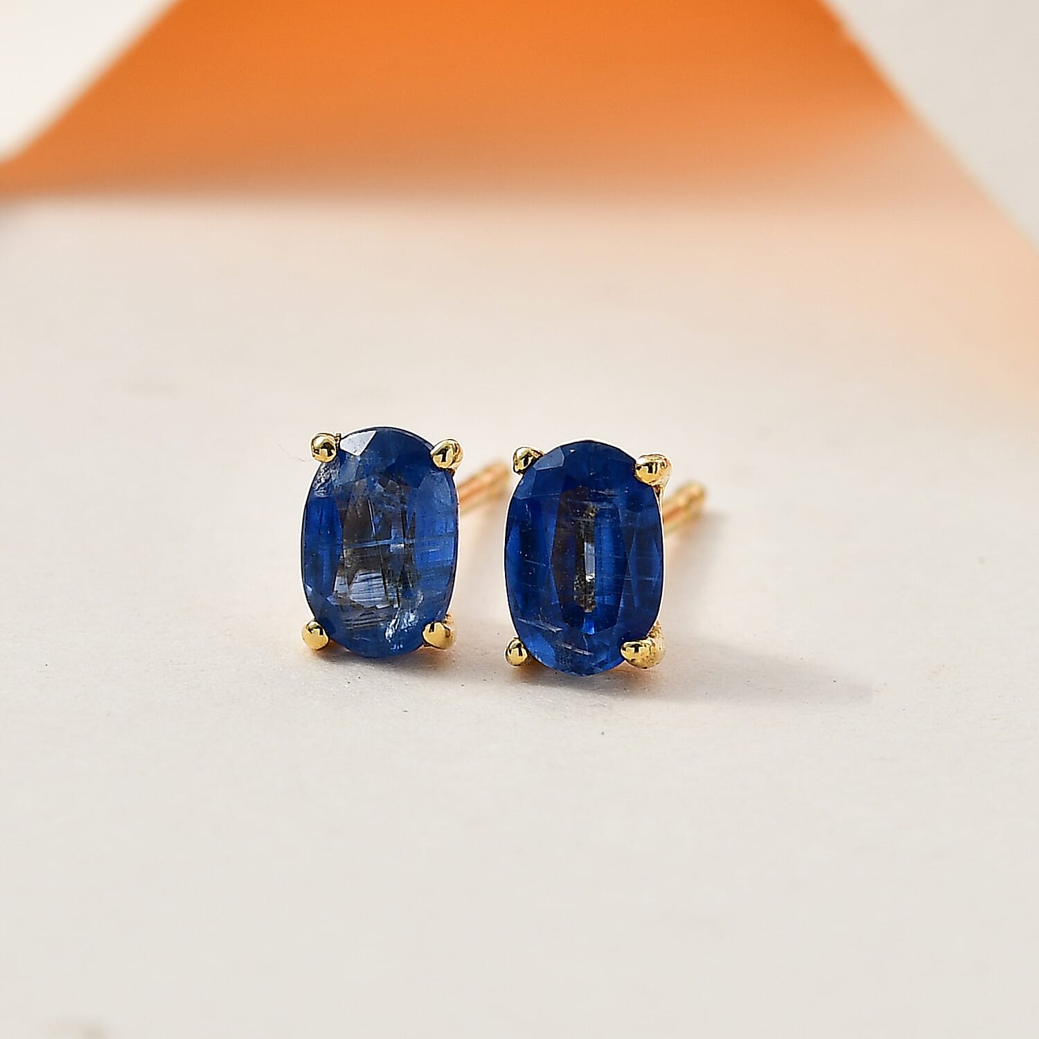 Natural Himalayan Kyanite Solitaire Stud Earrings in 18K Vermeil YG Plated Sterling Silver 1.20 Ct.