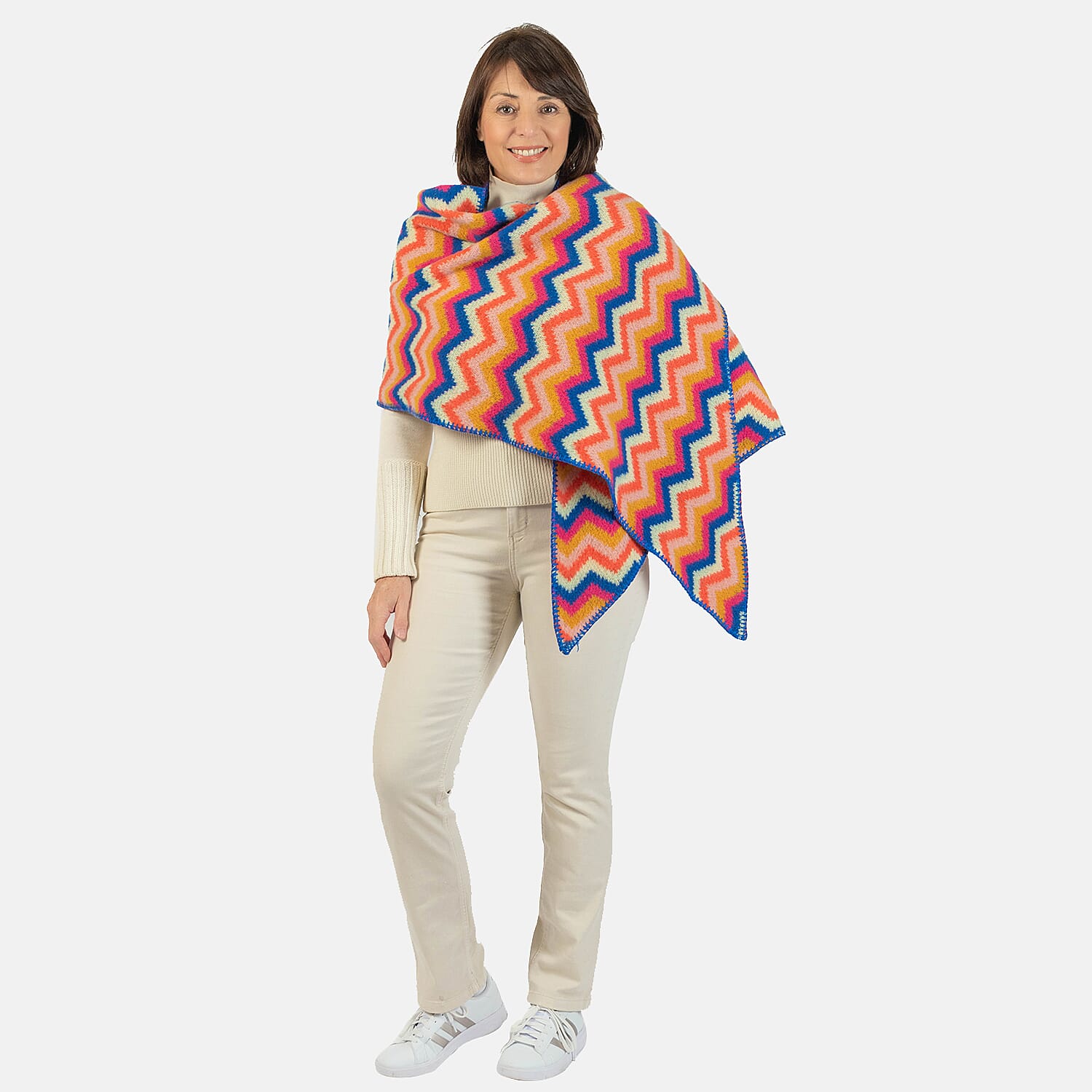 Wool Blend Bright Chevron Print Knitted Scarf - Rainbow