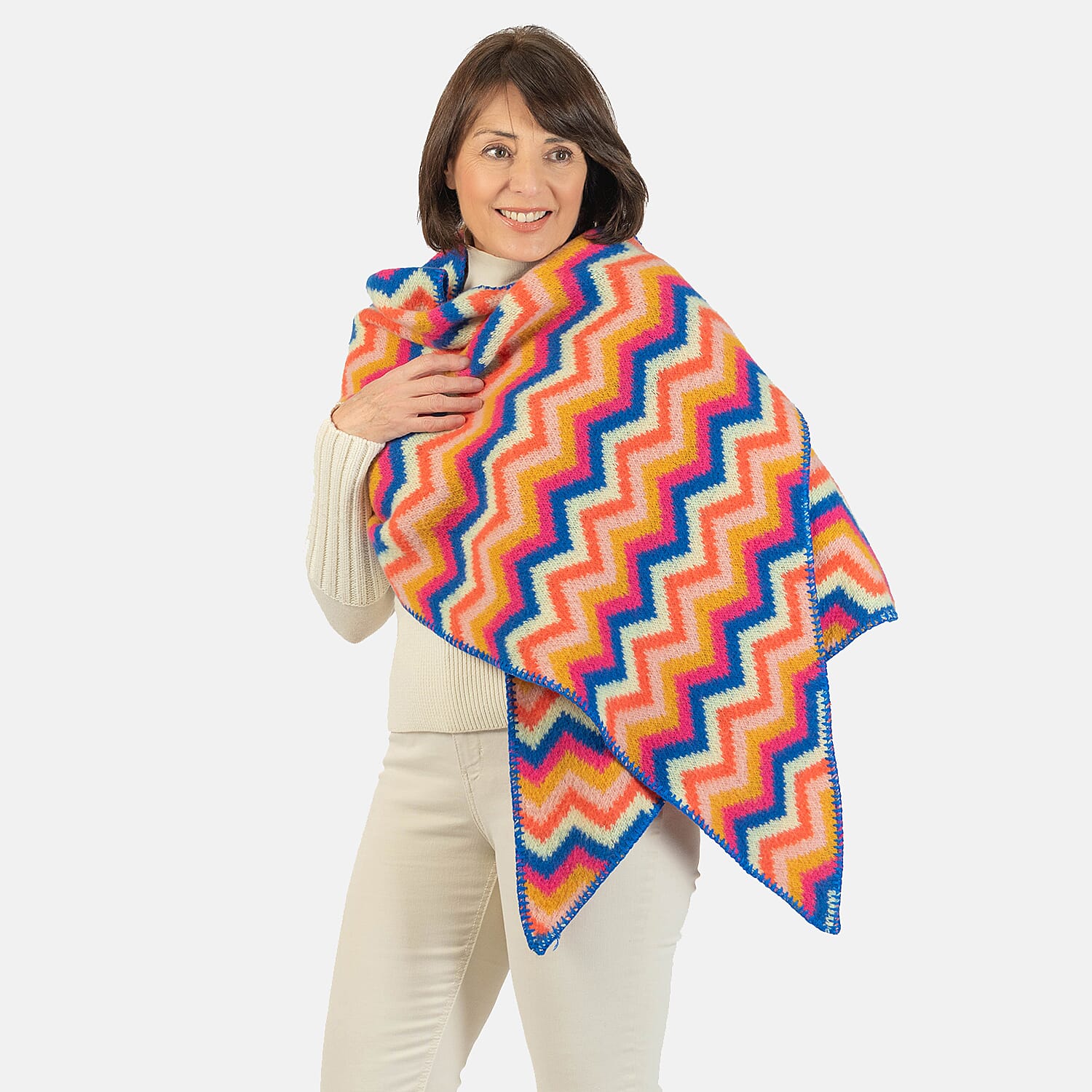 Wool Blend Bright Chevron Print Knitted Scarf - Rainbow