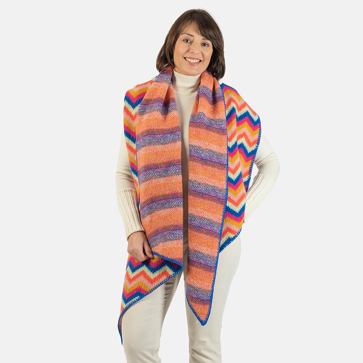 Wool Blend Bright Chevron Print Knitted Scarf - Rainbow