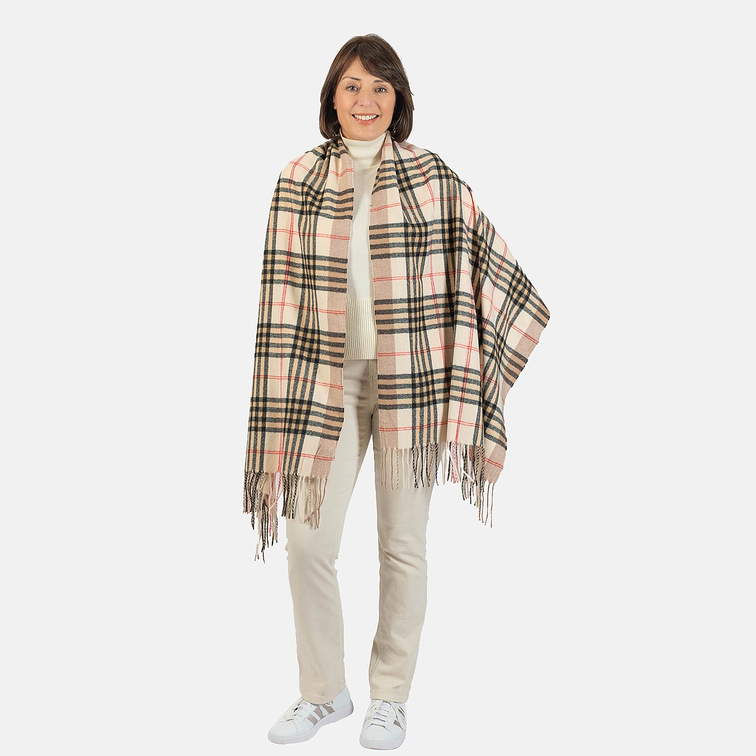 Large Check Soft Tassel Scarf - Beige