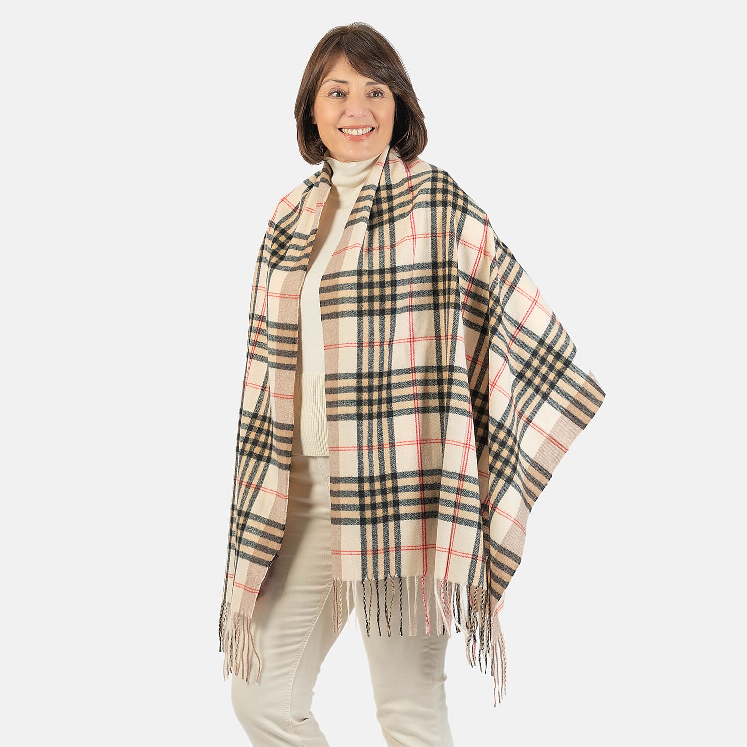 Large Check Soft Tassel Scarf - Beige