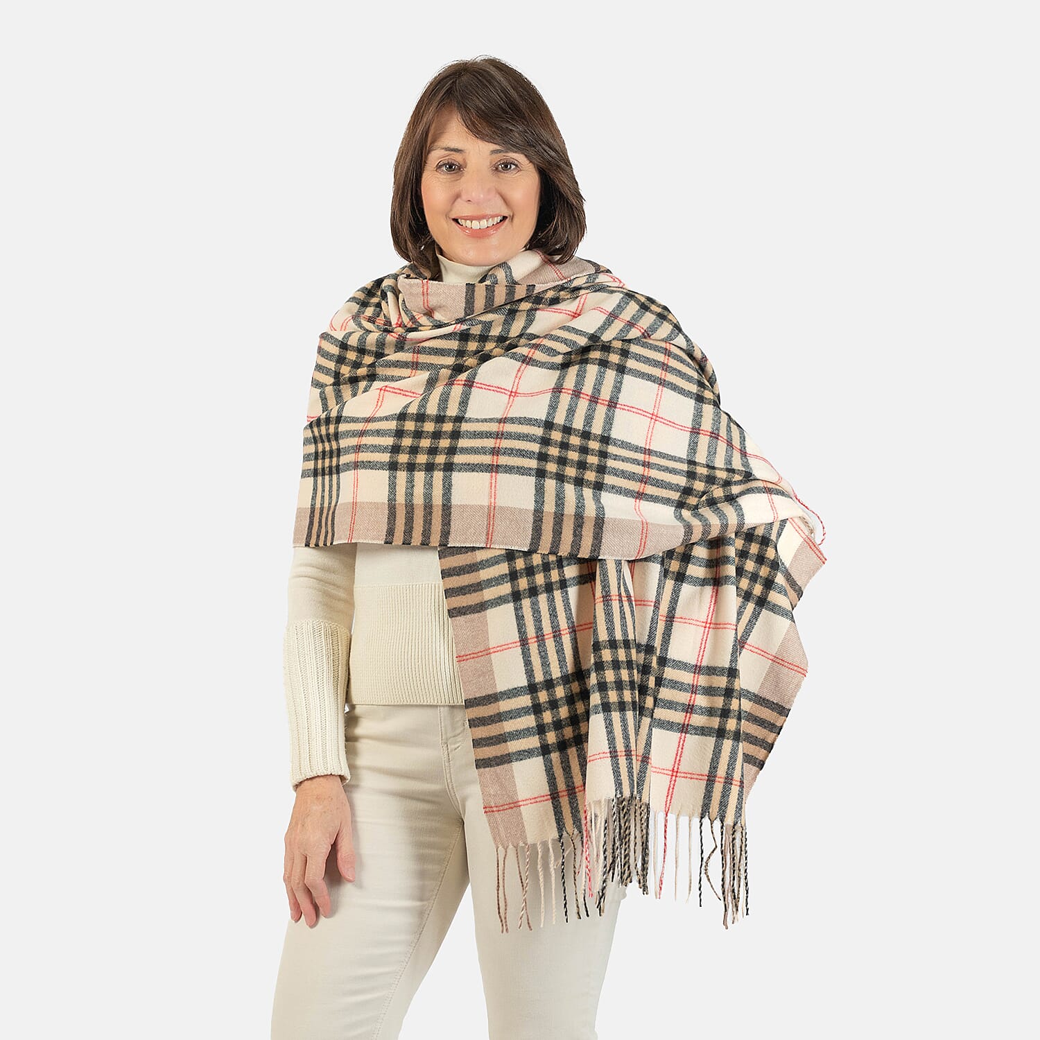 Large Check Soft Tassel Scarf - Beige