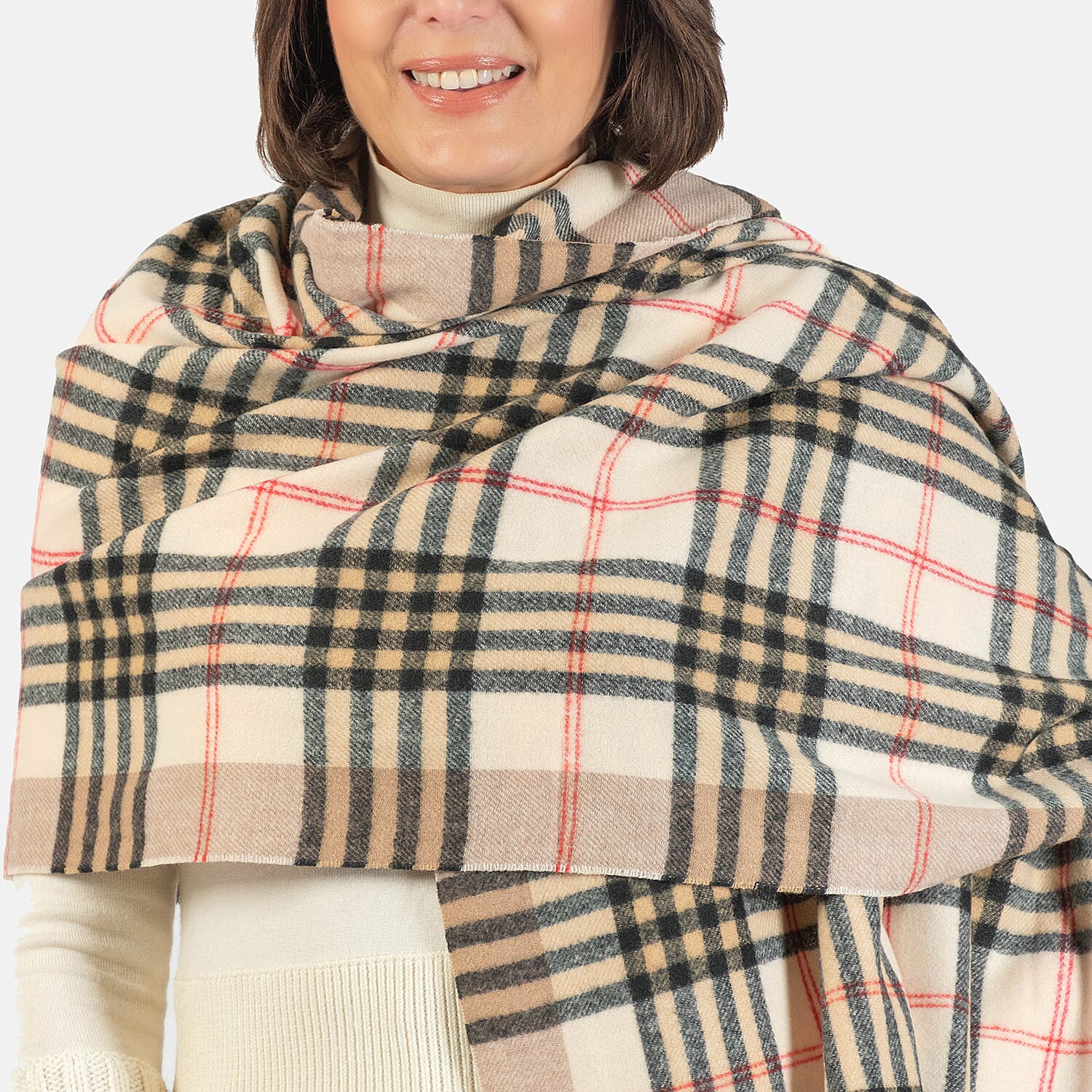 Large Check Soft Tassel Scarf - Beige