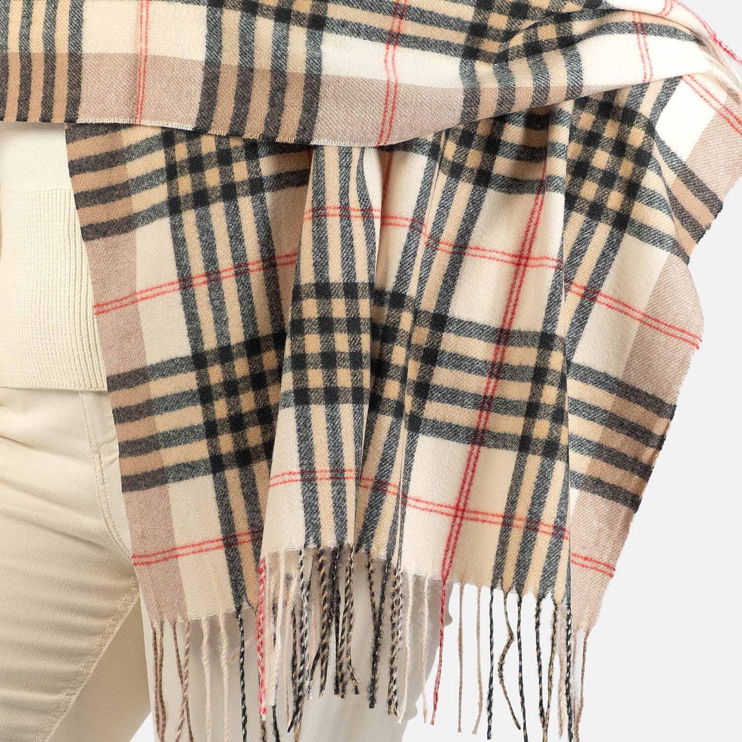 Large Check Soft Tassel Scarf - Beige