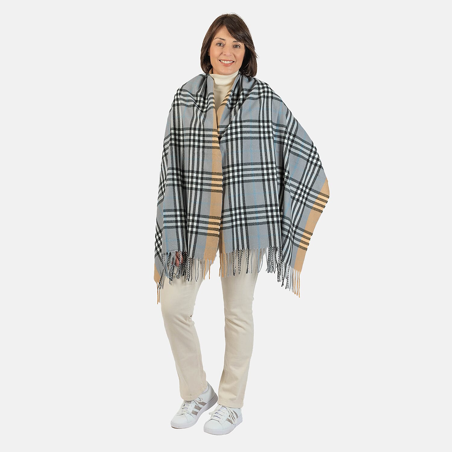 Designer Inspired - Large Check Soft Tassel Scarf - Grey